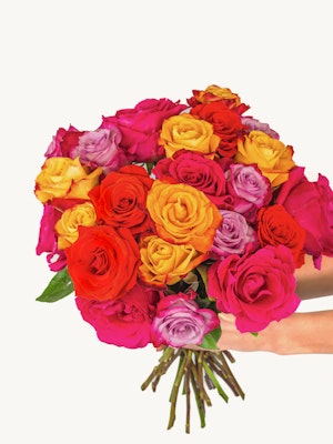 Vibrant bouquet of assorted roses in shades of pink, yellow, and orange, ideal for celebrations.