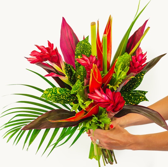 Vibrant tropical bouquet featuring pink ginger flowers, lush green leaves, and dramatic red accents.