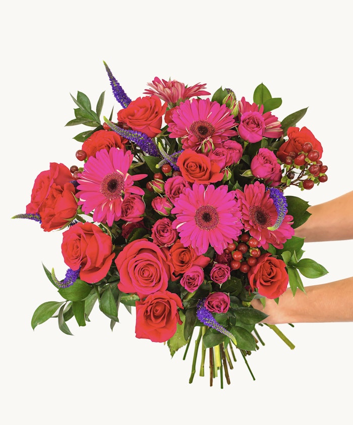 Vibrant bouquet featuring pink gerbera daisies and red roses, ideal for celebrations.