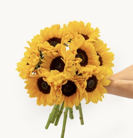 Vibrant sunflower bouquet held in a hand, showcasing bright yellow petals and rich brown centers.