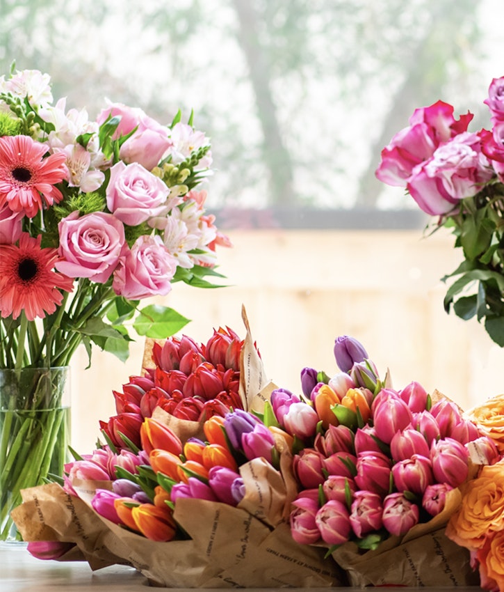 Vibrant floral arrangement featuring tulips, roses, and gerbera daisies in cheerful colors.