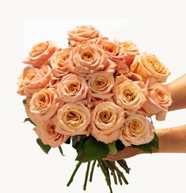 A beautiful bouquet of peach roses, elegantly held and ready for a special occasion.